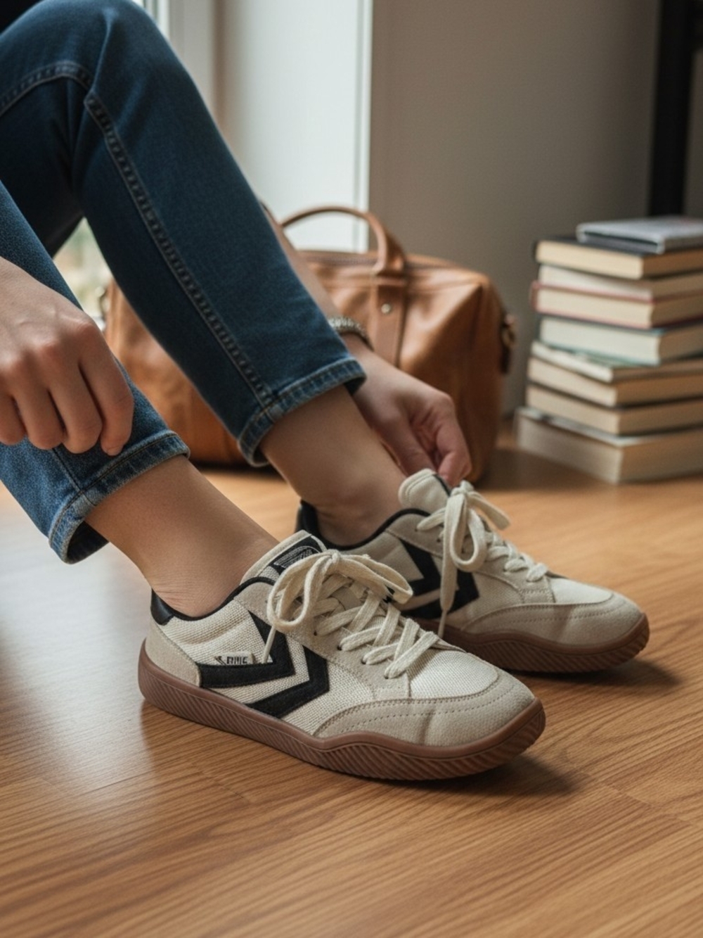 FeiYue Retro Casual Sneakers,German Trainer Style, Beige/Black Size 36